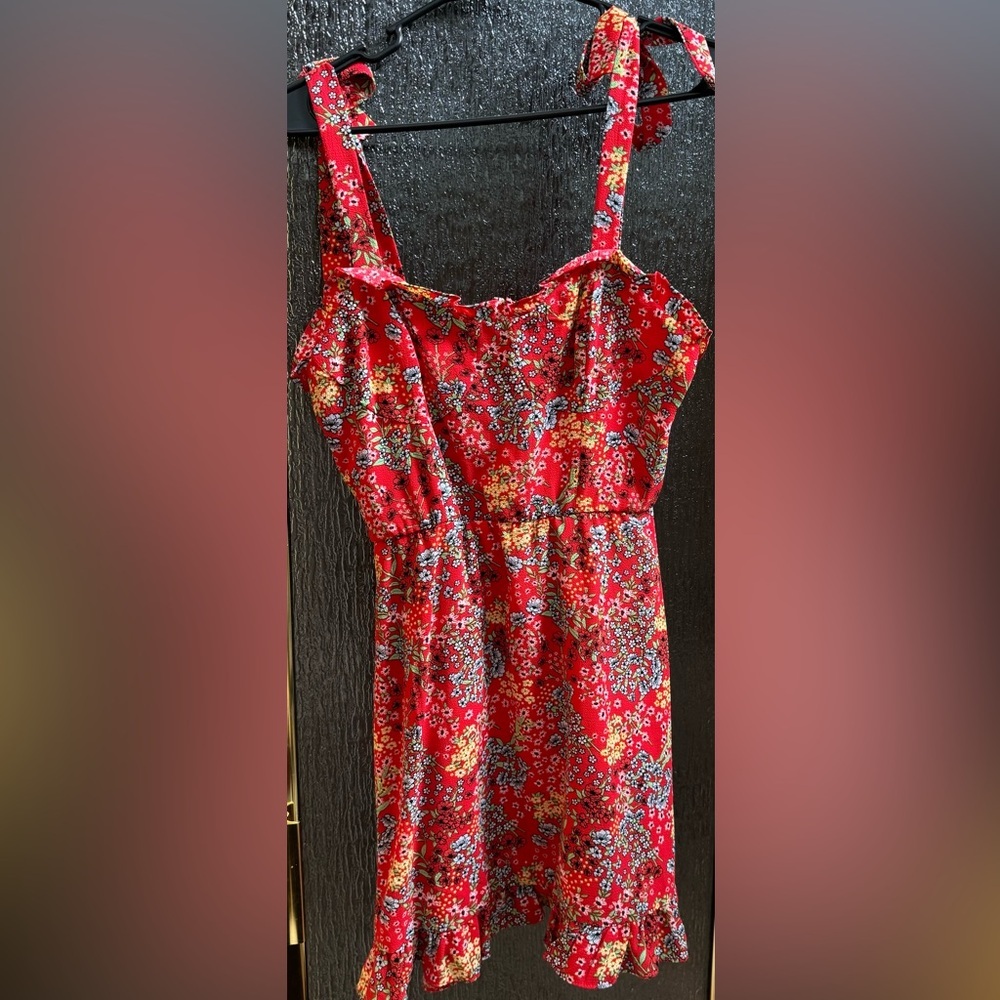 B. Darlin Red Floral Mini Dress with Bow Shoulder Ties - Size 11/12